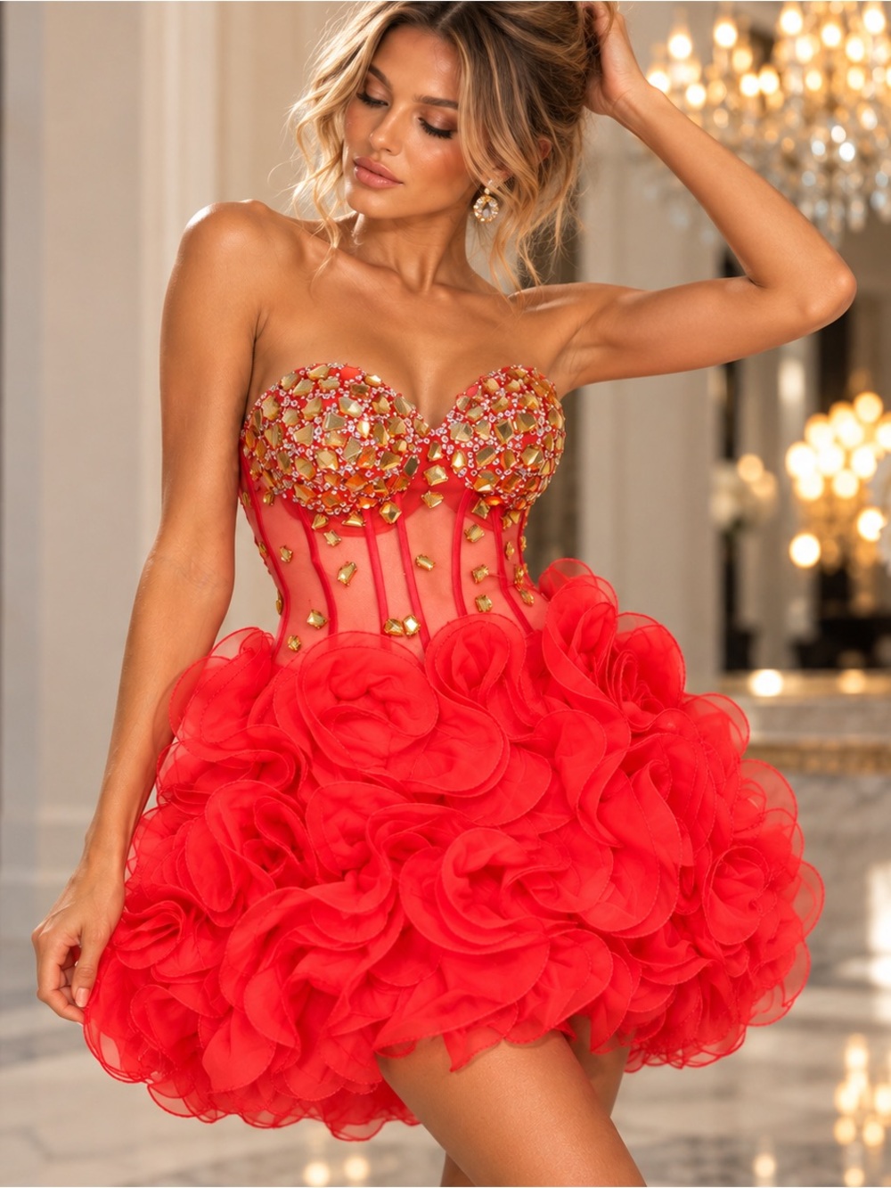 Mac Duggal Size 2 Red Pink Rhinestone Corset Ruffle Mini Dress NWT